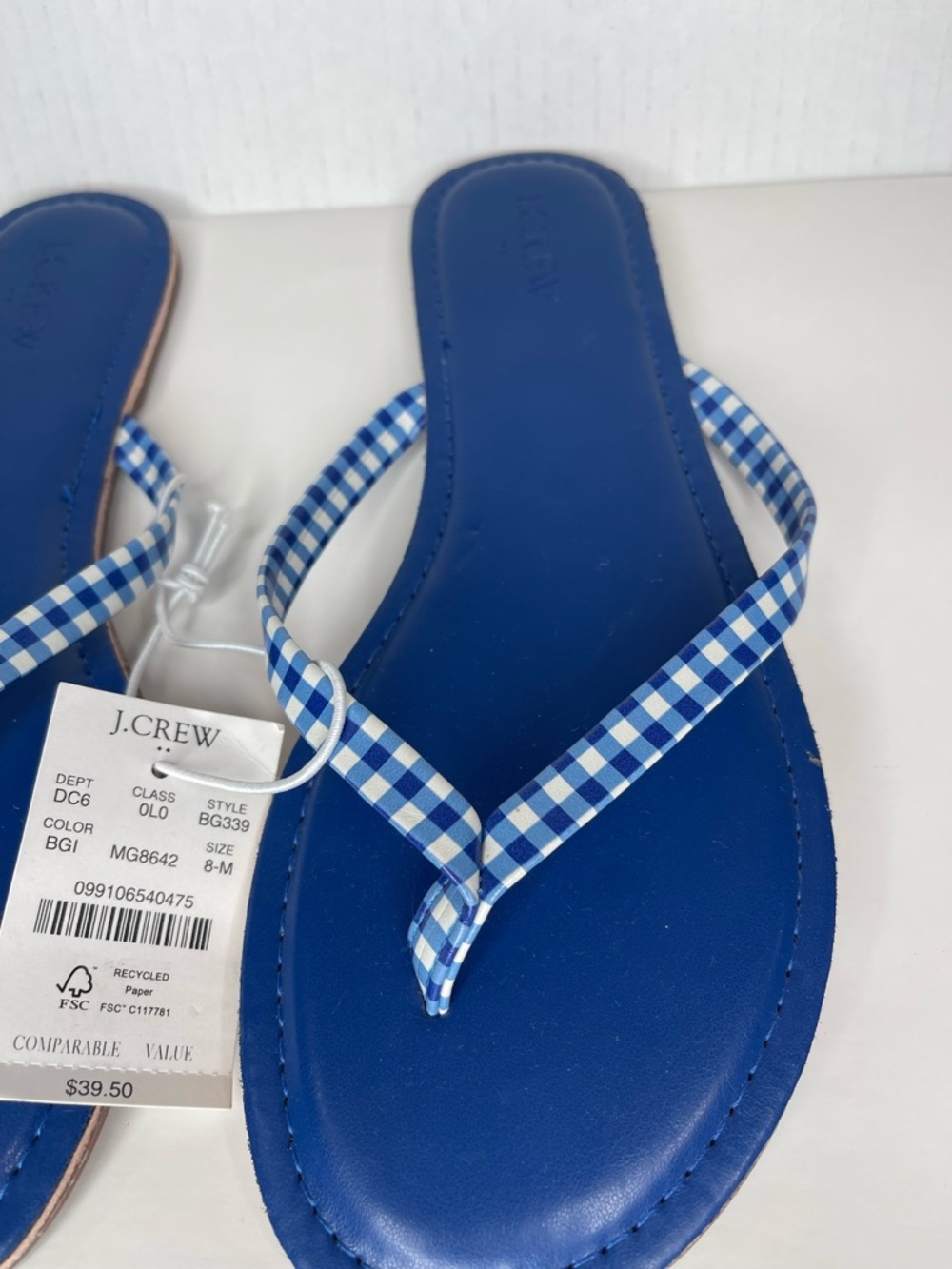 NWT J.Crew Blue Gingham Flip Flop Sandals Size 8 Summer Beach Coastal Chic - Picture 3 of 5
